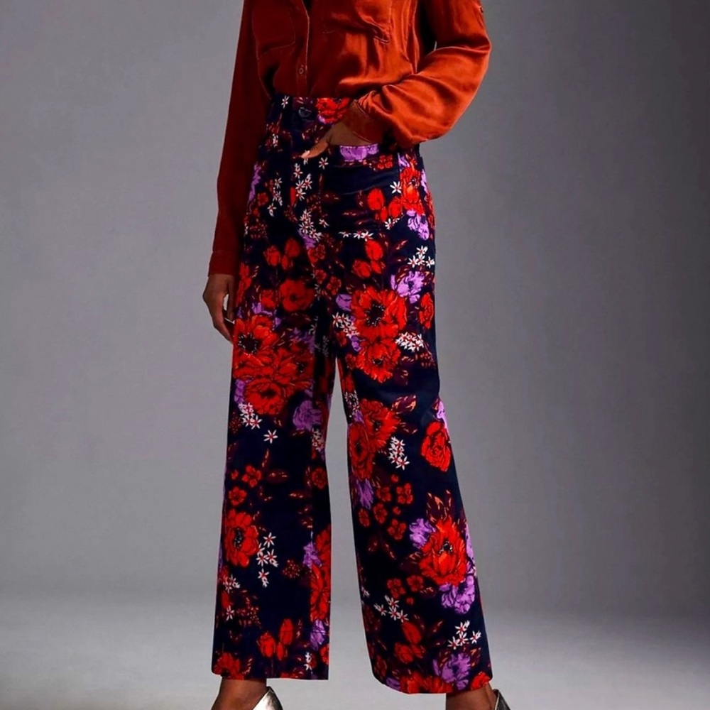 Maeve by Anthropologie The Colette Cropped Wide Leg  Pant in Red Floral Print